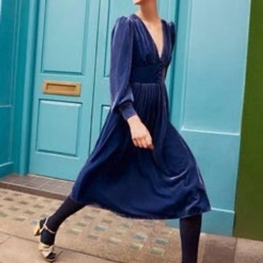 Boden Velvet Midi Party Dress V-Neck Empire Waist Long Sleeve NWT US 8